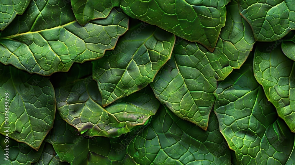 Fototapeta premium Close-up of a small leaf wall, intricate details and vibrant greens, capturing the essence of lush foliage, perfect for organic designs.