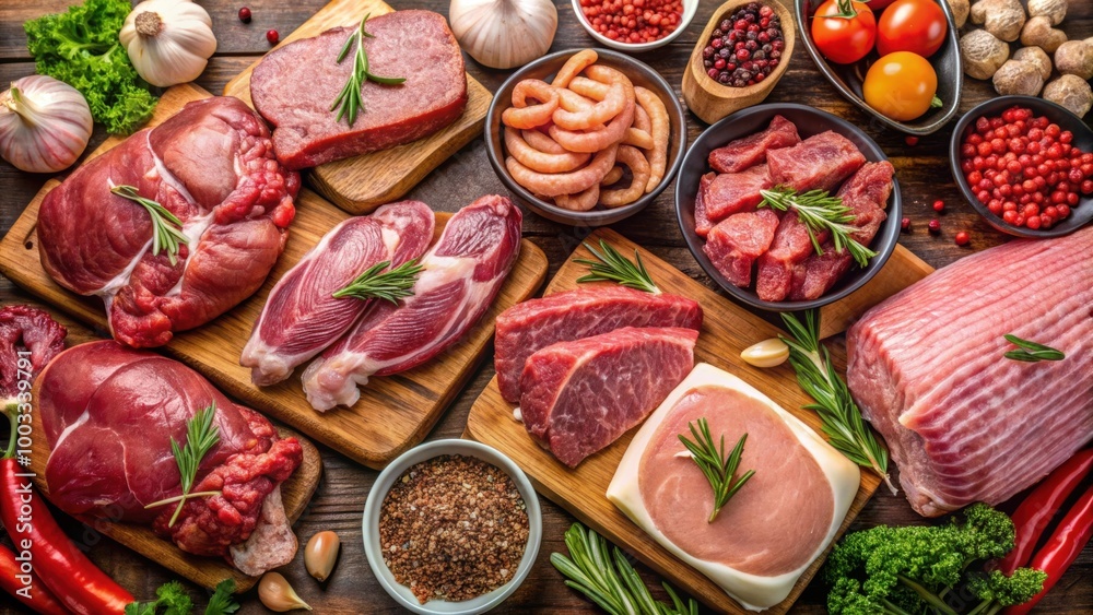 Fototapeta premium Variety of raw meat including beef, chicken, pork, lamb, and turkey, raw, meat, beef, chicken, pork, lamb, turkey, food