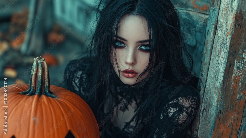 Dark Gothic Halloween Aesthetic with Pumpkins and Mysterious Girl Dark Gothic Halloween Aesthetic with Pumpkins and Mysterious Girl