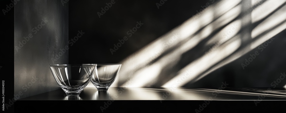Minimalist glass bowls with sunlight shadows on Minimalist glass bowls with sunlight shadows on