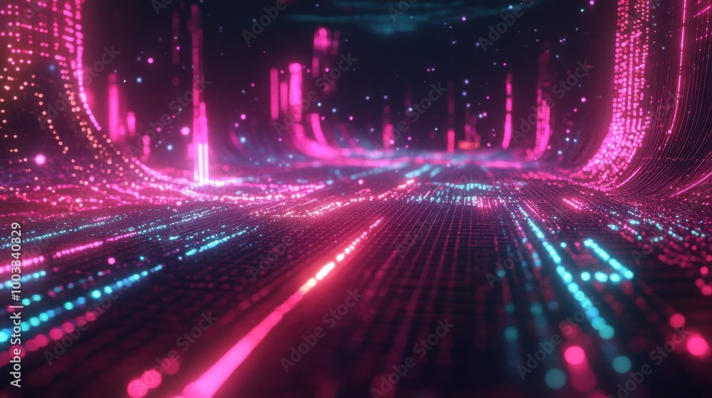 A wave of digital data and neon particles flowing across a futuristic grid. A wave of digital data and neon particles flowing across a futuristic grid.