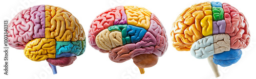 Colorful Brain Model with Different Regions Highlighted Isolated on Transparent Background