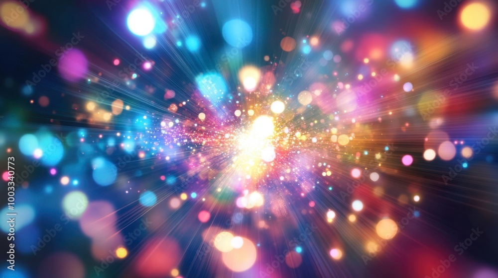 Fototapeta premium Abstract light patterns with multicolored beams shooting from the center of the frame.