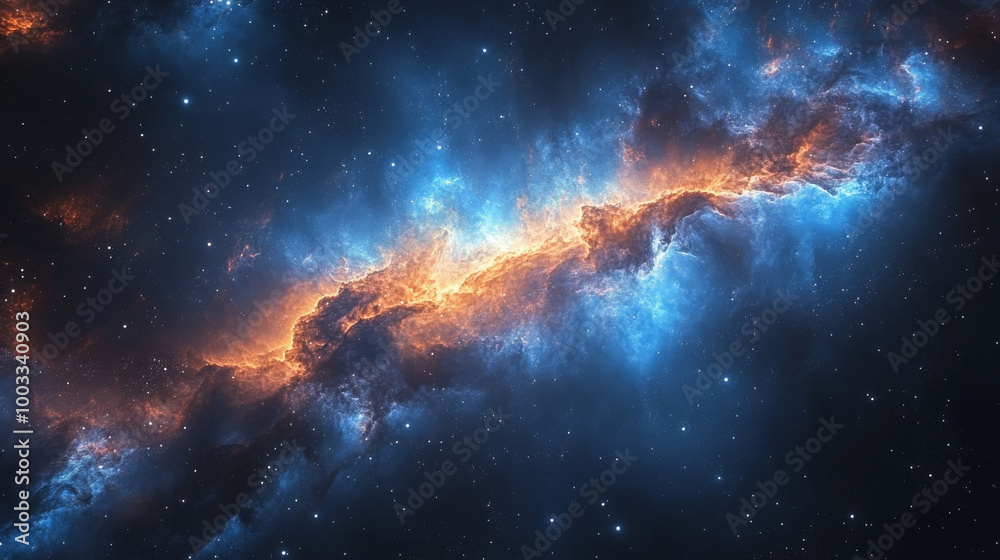 A vibrant nebula in space with swirling blue and orange hues. A vibrant nebula in space with swirling blue and orange hues.