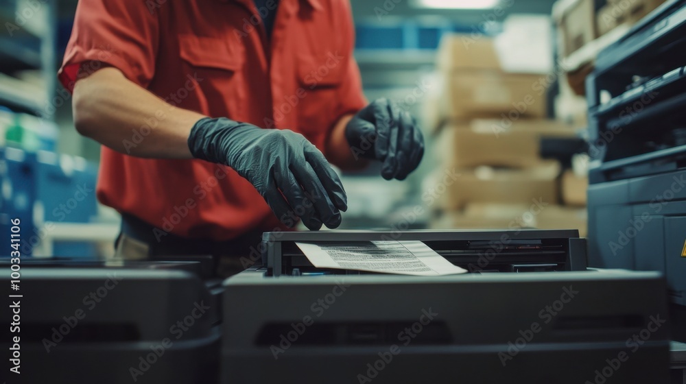 An employee changing printer toner in an office, with manuals and gloves for proper handling. An employee changing printer toner in an office, with manuals and gloves for proper handling.