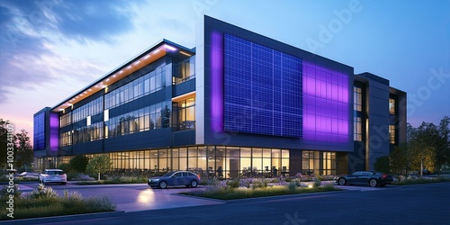 dark purple and grey modern office building design with contemporary solar panel technology, design of modern natural and clean technology 