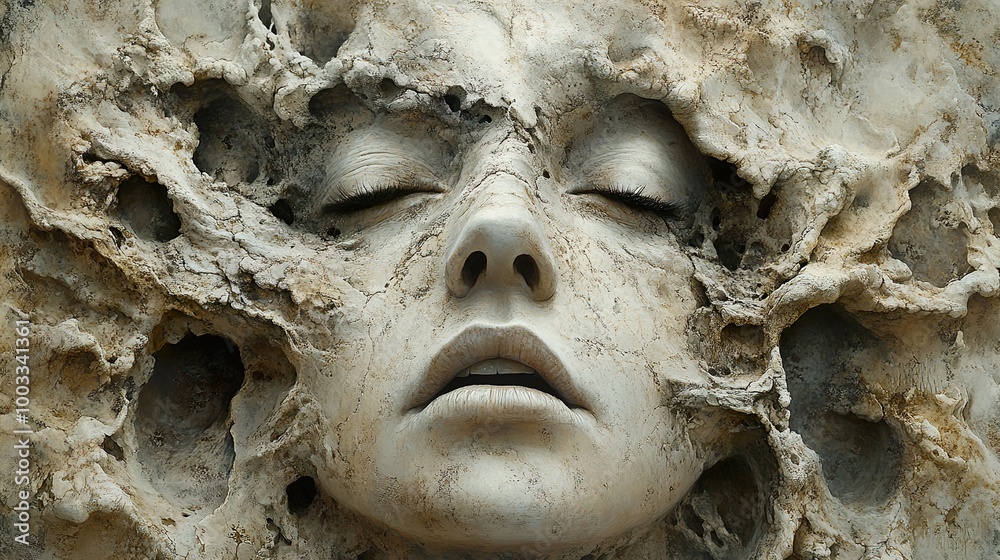 Stone Face: A Surrealist Sculpture of Decay and Transformation Stone Face: A Surrealist Sculpture of Decay and Transformation