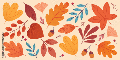 Vector set of autumn seasonal leaves,acorns,berries and plants in fall colors.Modern autumn foliage in trendy style for banners,social media marketing,patterns,branding,packaging,covers, prints.