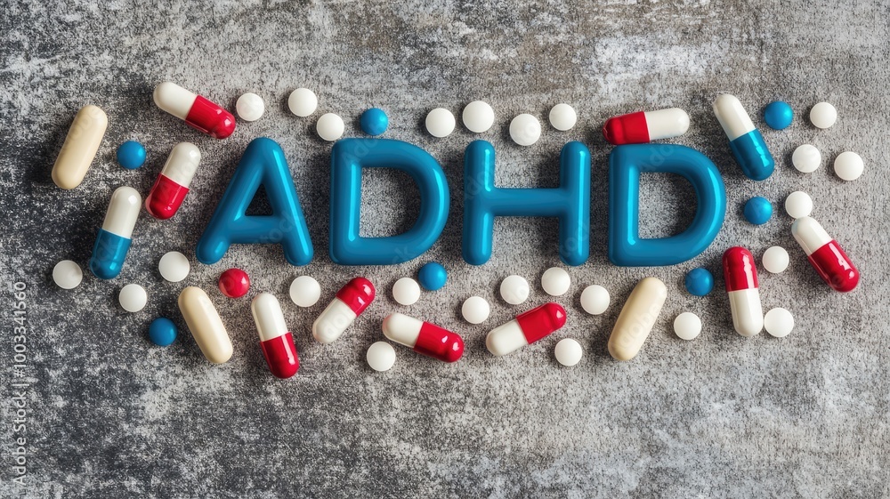ADHD concept with various pills on textured surface ADHD concept with various pills on textured surface