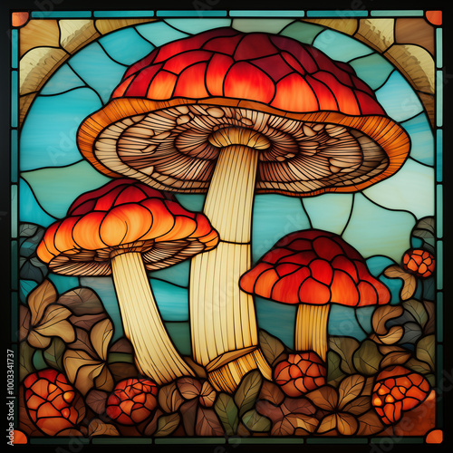 Stained glass window showing three red mushrooms with white stems in a forest setting