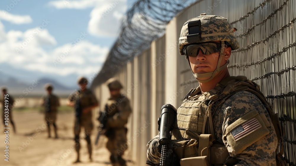 Fototapeta premium Soldier Leaning Against Fence in Desert, Military Operation, Tactical Gear