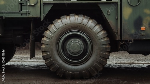 Close-Up of Military Vehicle Wheel, Tactical Transport, Heavy-Duty Gear