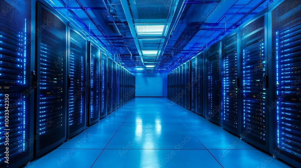 State-of-the-art data center showcasing blue-lit server rack arrangement State-of-the-art data center showcasing blue-lit server rack arrangement