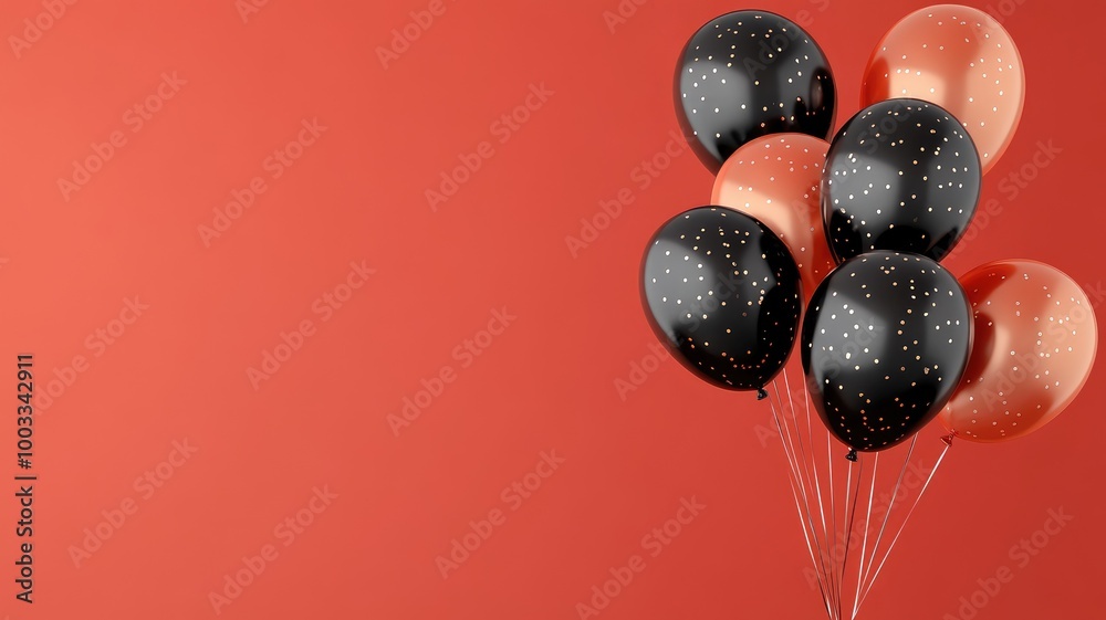 Cluster of black and orange balloons with gold specks on red background Cluster of black and orange balloons with gold specks on red background