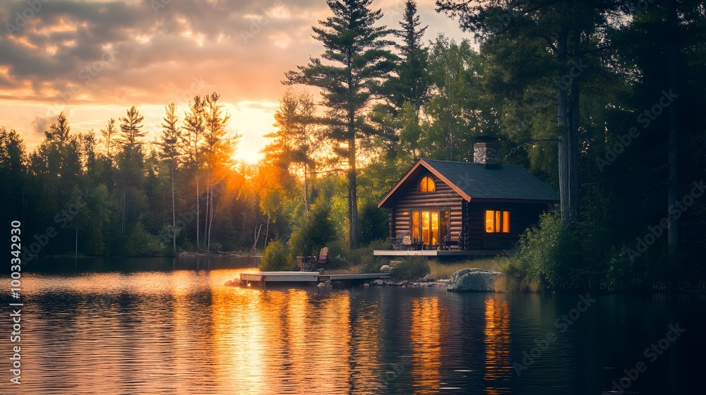 Obraz premium A cabin is on a lake with the sun setting in the background. The cabin is surrounded by trees and the water is calm