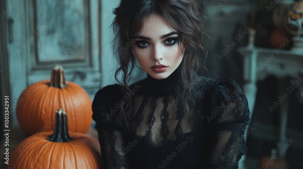 Dark Gothic Halloween Aesthetic with Pumpkins and Mysterious Girl Dark Gothic Halloween Aesthetic with Pumpkins and Mysterious Girl