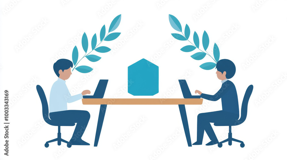 Two people working on their laptops at a table. Two people working on their laptops at a table.