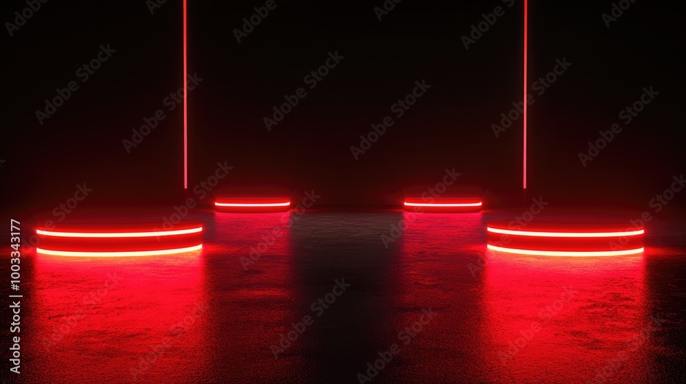 Dark room with neon red circular LED lights on floor, creating futuristic ambiance