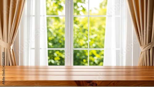 Wooden Kitchen Tabletop with Curtain Window for Product Presentation