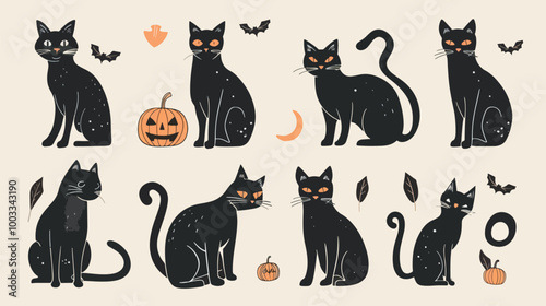 Flat lay design Hand drawn halloween black cats collection, Halloween elements, Happy Halloween