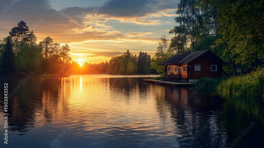 Fototapeta premium A cabin is on a lake with the sun setting in the background. The cabin is surrounded by trees and the water is calm