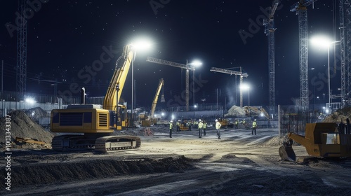 Generate a photo realistic image of nighttime operations at a construction site, with construction lighting, night shift workers, construction machinery, and ongoing construction activities