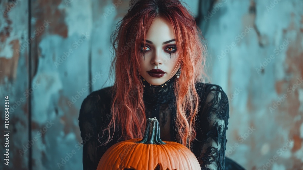 Dark Gothic Halloween Aesthetic with Pumpkins and Mysterious Girl Dark Gothic Halloween Aesthetic with Pumpkins and Mysterious Girl