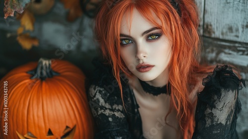 Dark Gothic Halloween Aesthetic with Pumpkins and Mysterious Girl