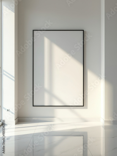 Mockup of Poster Frame in Luxurious White Bedroom Interior, 3D Render, Elegant and Modern Design, Contemporary Decor, Cozy and Sophisticated Atmosphere, Ideal for Art and Interior Design Presentations