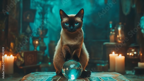 A Siamese cat gazes intently at a crystal ball in a mystical setting, illuminated by candles.