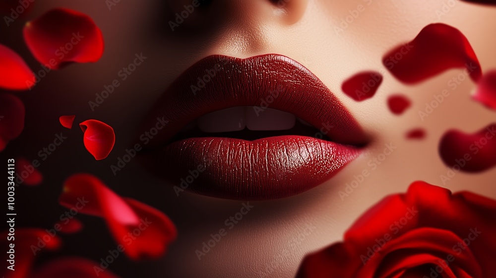 Red Lips with Falling Rose Petals Close-Up Red Lips with Falling Rose Petals Close-Up