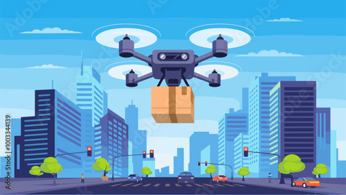 Drone carrying a package flying over a bustling cityscape with skyscrapers and traffic lights, under a clear blue sky.