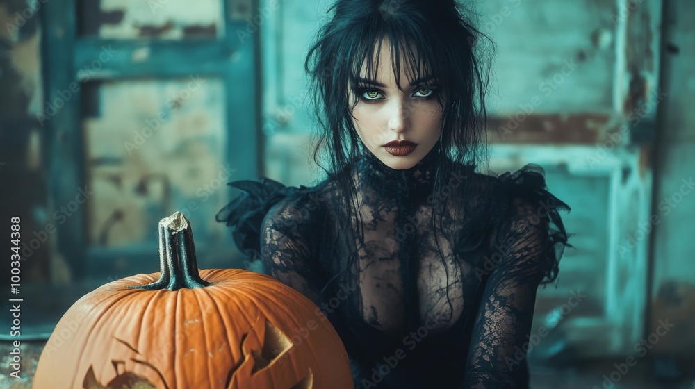Dark Gothic Halloween Aesthetic with Pumpkins and Mysterious Girl Dark Gothic Halloween Aesthetic with Pumpkins and Mysterious Girl