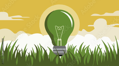 A green light bulb surrounded by lush grass under a bright, sunny sky.