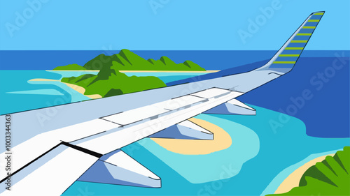 Close-up of airplane’s wing gliding over tropical archipelago, vibrant blues and greens.