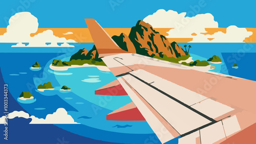 Close-up of airplane’s wing gliding over tropical archipelago, vibrant blues and greens.