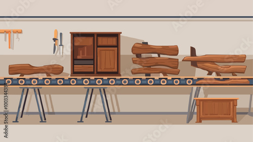 Close-up of a woodworking conveyor belt, illustrating planks transitioning from rough cuts to sanded surfaces and assembled furniture.