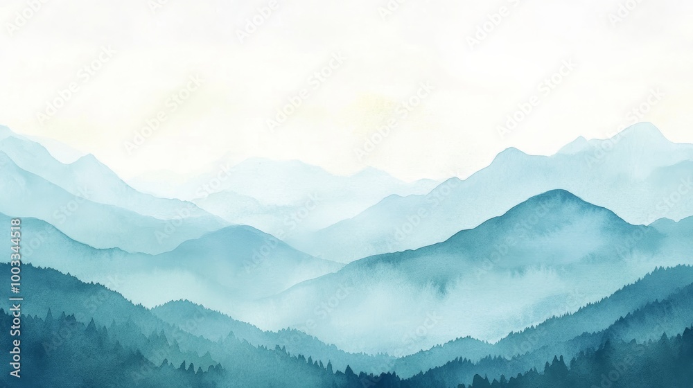Serene watercolor mountains landscape in soft blue