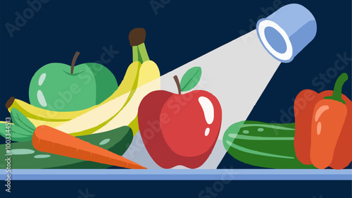 Spotlight illuminating red apple amidst fruits and vegetables in refrigerator.