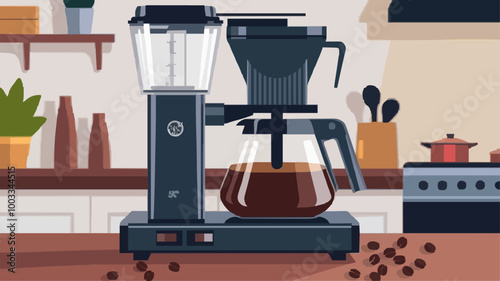 Elegant coffee maker with a glass carafe, surrounded by coffee beans and a cozy kitchen setting with warm lighting.