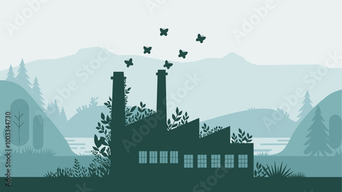Factory overgrown with vegetation, smokestacks emitting butterflies.