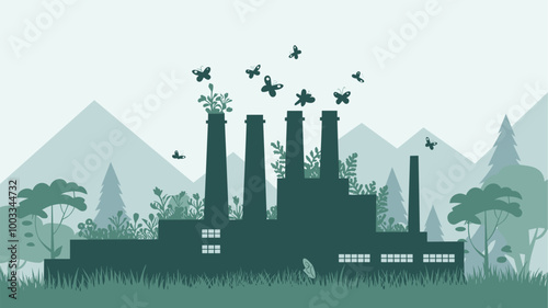 Factory overgrown with vegetation, smokestacks emitting butterflies.