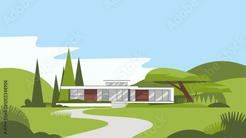 Modern house model nestled in lush green landscape.
