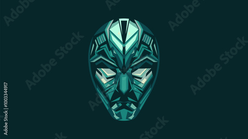 Metallic hemlock green mask with intricate details, illuminated by light.
