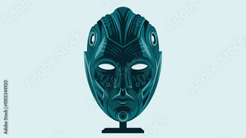 Metallic hemlock green mask with intricate details, illuminated by light.