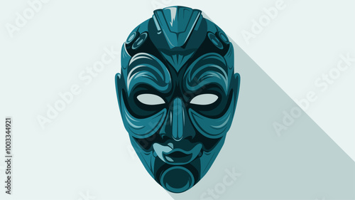 Metallic hemlock green mask with intricate details, illuminated by light.