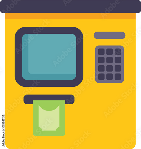 Yellow atm machine dispensing cash money banknotes isolated on white background