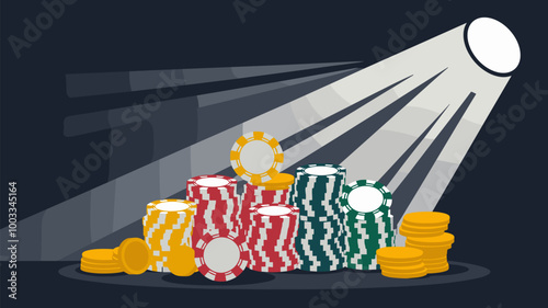 Stacks of casino chips and coins with dynamic spotlight effects, creating dramatic shadows.