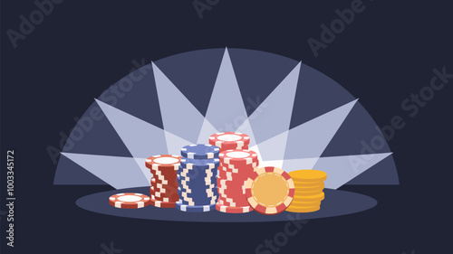 Stacks of casino chips and coins with dynamic spotlight effects, creating dramatic shadows.