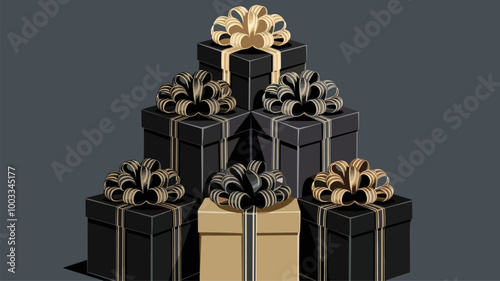 A high-fashion editorial spread showcasing a tower of luxurious gift boxes with elaborate bows, photographed in black and white to emphasize their texture and detail.